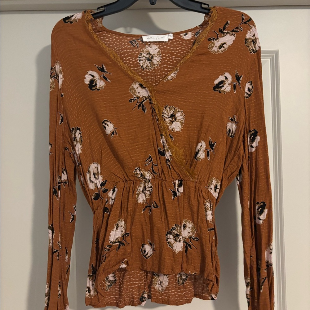 All in Favor Floral Wrap Blouse in Warm Brown
